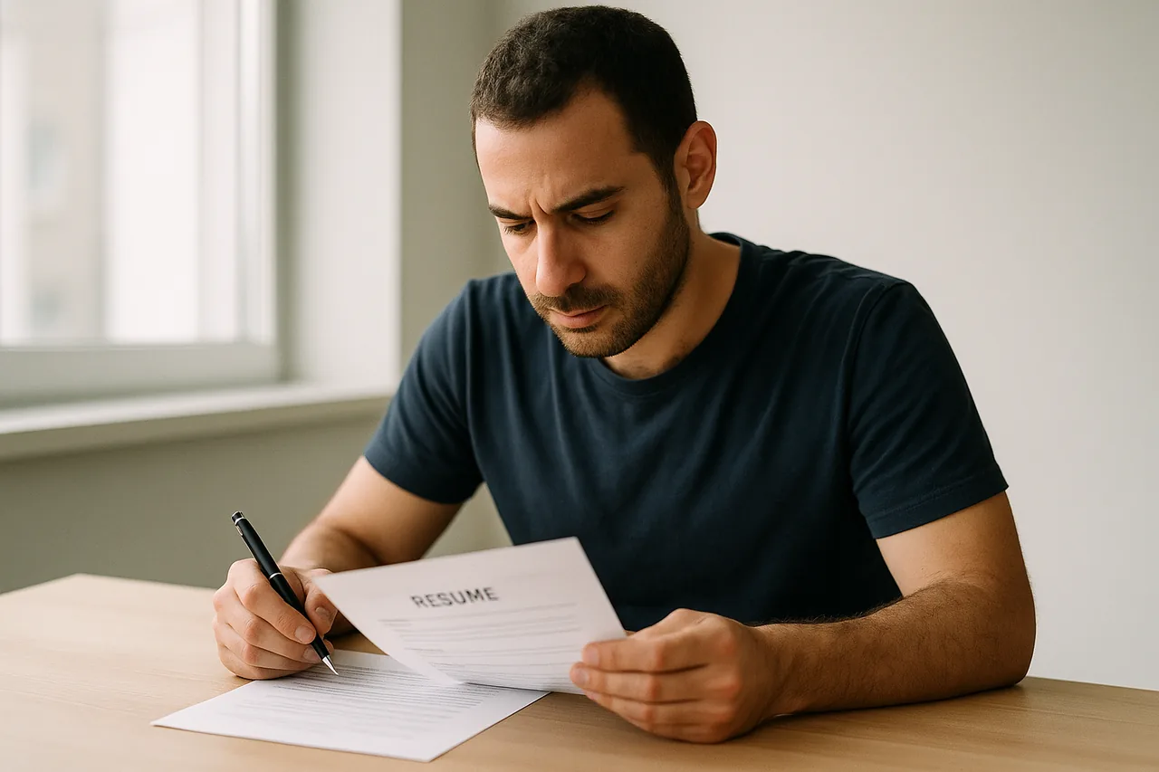 גבר בוחן מסמך קורות חיים מודפס על שולחן עבודה מסודר
